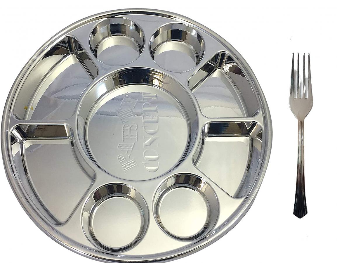 9 Compartment Disposable Silver Thali - Indian Plastic Plates (100 Thali & 100 Fork) 9 Compartment Disposable Silver Thali - Indian Plastic Plates (100 Thali & 100 Fork)