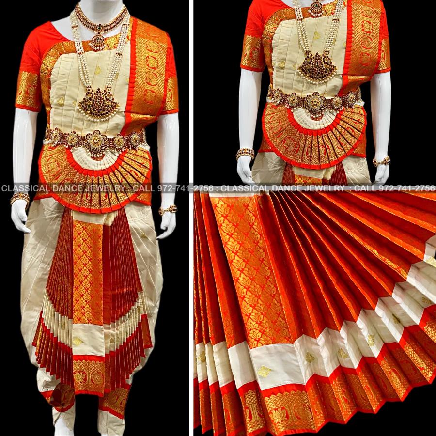 CREAM ORANGE 30 inchs Pant Length Bharatanatyam Dance Costume CREAM ORANGE 30 inchs Pant Length Bharatanatyam Dance Costume