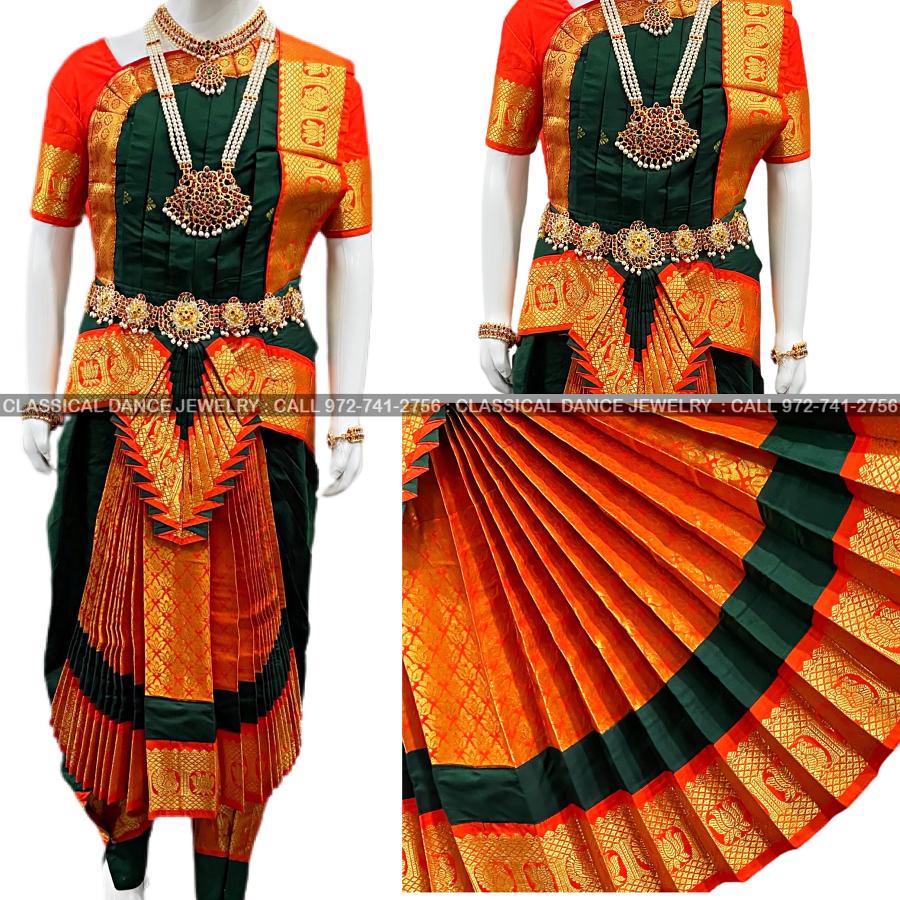 GREEN ORANGE 30 inchs Pant Length Bharatanatyam Dance Costume GREEN ORANGE 30 inchs Pant Length Bharatanatyam Dance Costume