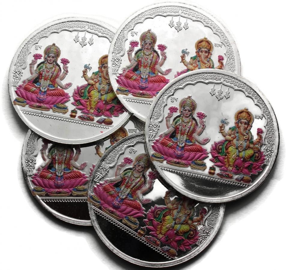 Ganesh Lakshmi 999 Pure Silver Meena Ten Gram Coins (Set of Five) Ganesh Lakshmi 999 Pure Silver Meena Ten Gram Coins (Set of Five)