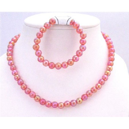 Shiny Red Beads Round Beads Stretchable Necklace & Bracelet Girls Gift 