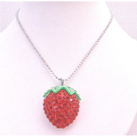 Strawberry Pendant Fully Embedded & Studded w/ Red Crystals Necklace Strawberry Pendant Fully Embedded & Studded w/ Red Crystals Necklace