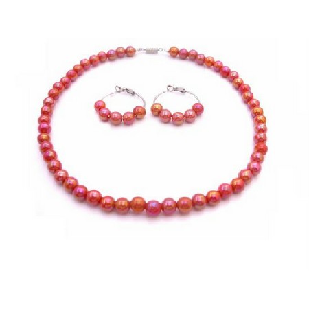 Girls Necklace Set Red Orange Beads Hoop Earrings Flower Girl Jewelry Girls Necklace Set Red Orange Beads Hoop Earrings Flower Girl Jewelry
