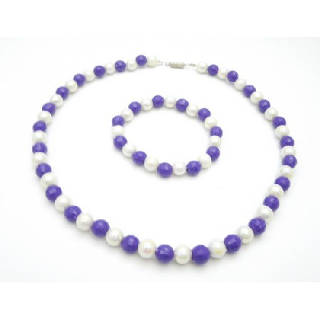 Wedding Flower Girls Purple & White Multifaceted 8mm Necklace Bracelet Wedding Flower Girls Purple & White Multifaceted 8mm Necklace Bracelet