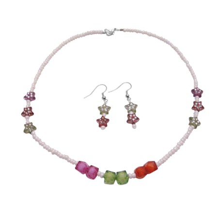 All occasion Gift Jewelry Star Cube Tiny Beads Necklace Earrings Set All occasion Gift Jewelry Star Cube Tiny Beads Necklace Earrings Set