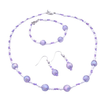 Wedding Jewelry Flower Girl Purple White Round Beads Necklace Earrings Wedding Jewelry Flower Girl Purple White Round Beads Necklace Earrings