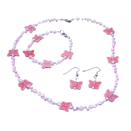 Jewelry Pink Butterfly Tiny White Pink Bead Necklace Earrings Bracelet Jewelry Pink Butterfly Tiny White Pink Bead Necklace Earrings Bracelet