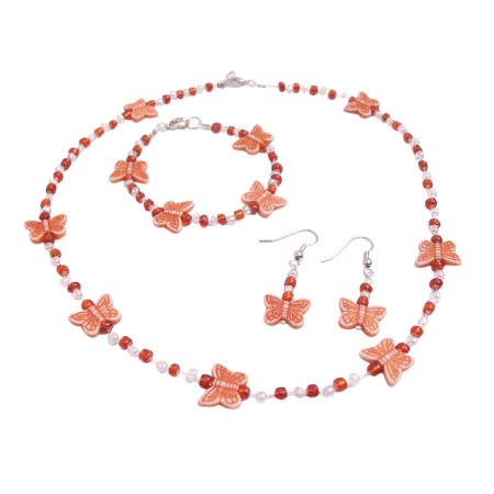 Butterfly Beads Girls Fancy Jewelry Set in White Orange Beads Butterfly Beads Girls Fancy Jewelry Set in White Orange Beads