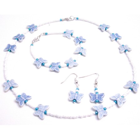 Jewelry White Tiny Beads Blue Butterfly Necklace Earrings Bracelet Jewelry White Tiny Beads Blue Butterfly Necklace Earrings Bracelet