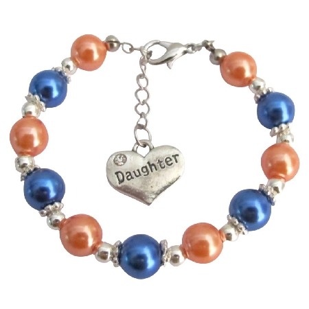 Daughter Charm Bracelet Special Daughter Gift Orange Blue Pearls Daughter Charm Bracelet Special Daughter Gift Orange Blue Pearls