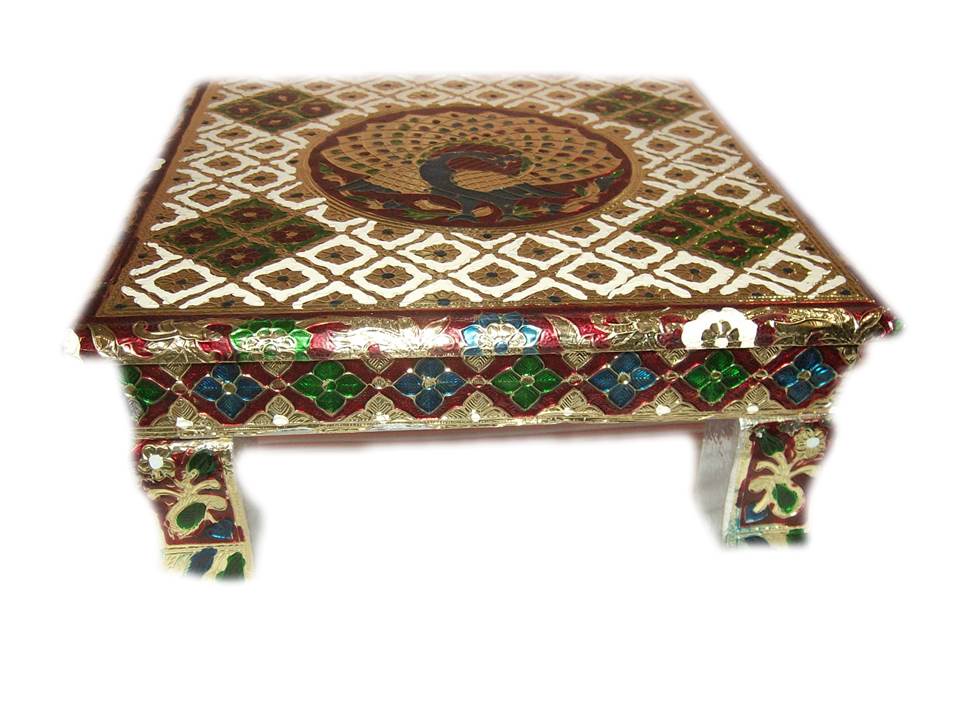 Meenakari Bajot Stool, Golden Handcrafted Table (Chowki) w/ Carving Meenakari Bajot Stool, Golden Handcrafted Table (Chowki) w/ Carving
