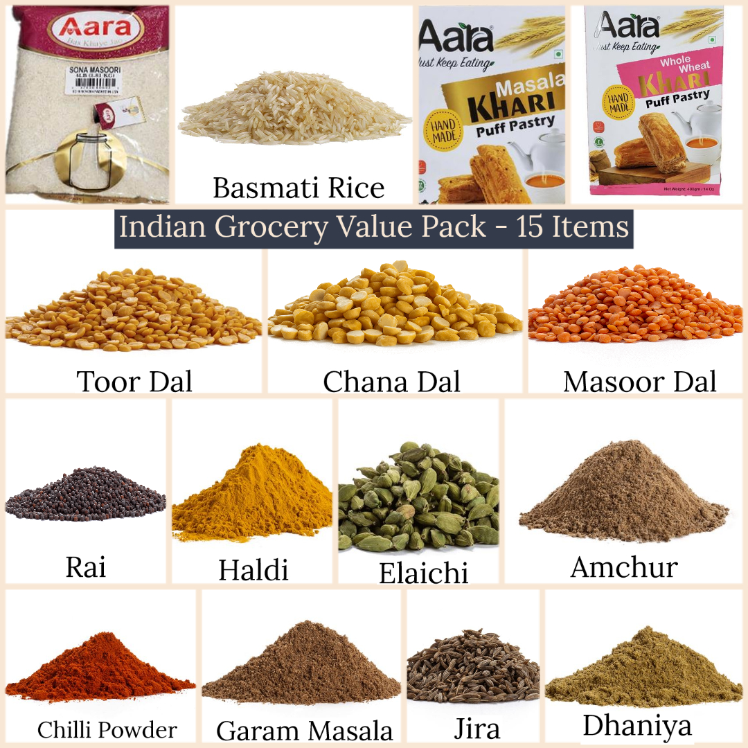 Indian Grocery Dal, Rice, Masala & Snack- Aara 15 Items Assorted Value Pack Indian Grocery Dal, Rice, Masala & Snack- Aara 15 Items Assorted Value Pack