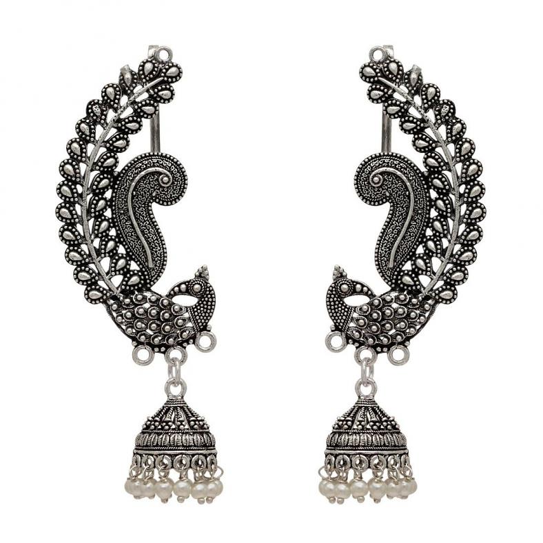 White Color Beads Oxidised Ear Cuf Peacock Earrings 35248 Buy