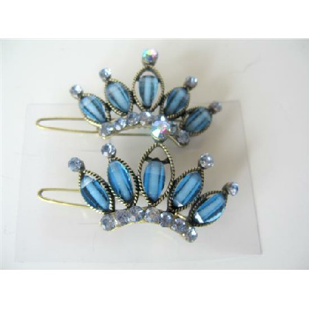 Pair Of Hair Clip Sophisticated Blue Crown w/ Crystals Sparkling Clip Pair Of Hair Clip Sophisticated Blue Crown w/ Crystals Sparkling Clip