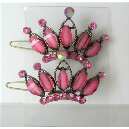 Pink Hair Accessories Crown Sparkling Pink Crystals Hair Pair Clip 