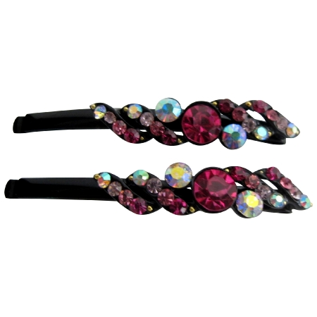 Fuchsia Rose Crystals Fancy Hair Pin w/ Fuchsia Rose Clear Crystals 