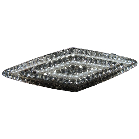 Diamond Shape Hair Barrette / Clip in White Pearls Clear Rhinestone