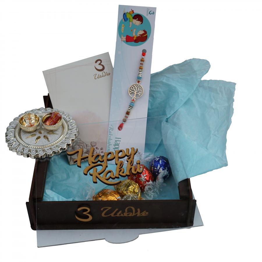 GIFT HAMPER - Silver Wishing Tree Rakhi with Unique Colorful Beads 