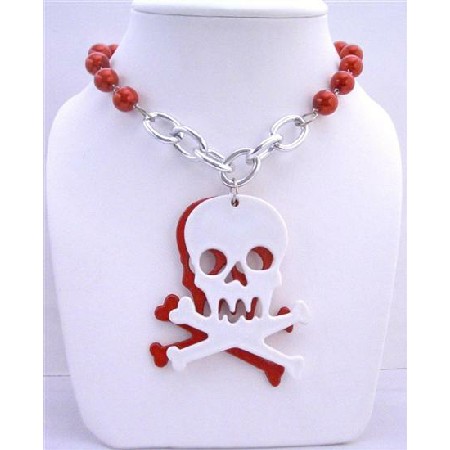 Red Pearls Long Necklace Skull Head Pendant Halloween Gift 28 inches Red Pearls Long Necklace Skull Head Pendant Halloween Gift 28 inches
