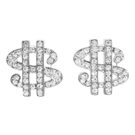 Hip Hop Shimmering Dollar Earrings In Simulated Silver w/ CZ Earrings 