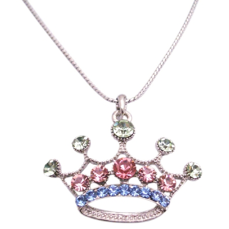 Multi Colored Cubic Crown Pendant Necklace w/ 24 Inches Long Necklace Multi Colored Cubic Crown Pendant Necklace w/ 24 Inches Long Necklace