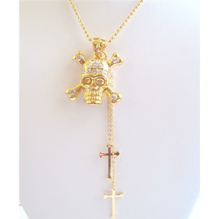 Bling Gold Skull Pendant Necklace Cross Dangling Gold Chain Necklace Bling Gold Skull Pendant Necklace Cross Dangling Gold Chain Necklace