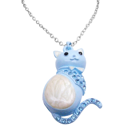 Cat Pendant Necklace in Blue with Aquamarine Crystal On Body & Tail Cat Pendant Necklace in Blue with Aquamarine Crystal On Body & Tail