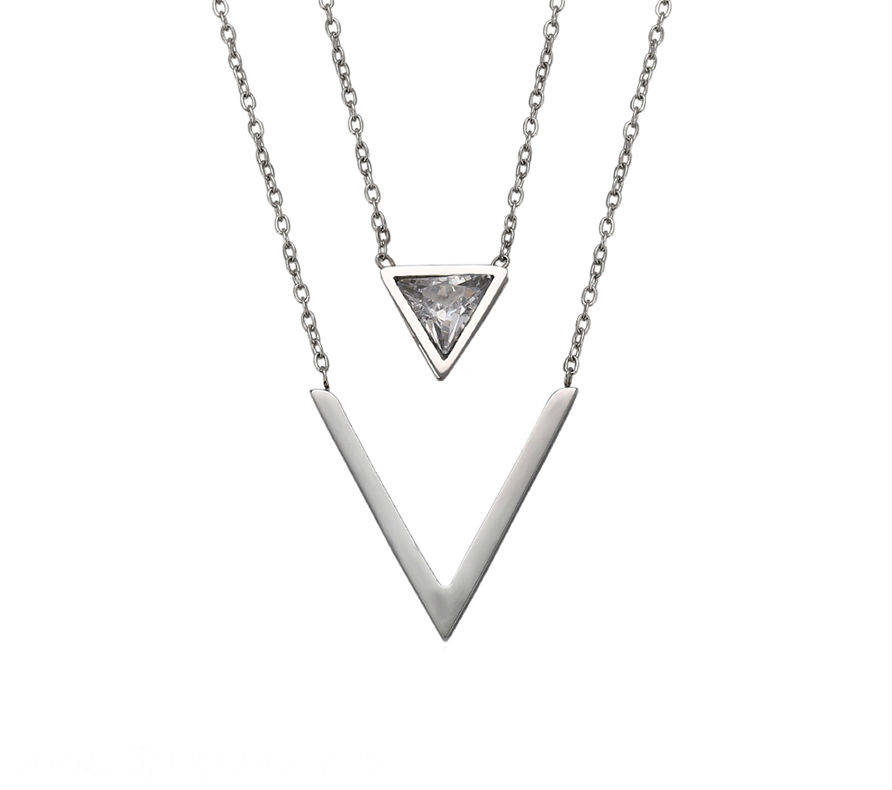 Stainless Steel Double Strands Triangle Layered CZ Necklace
