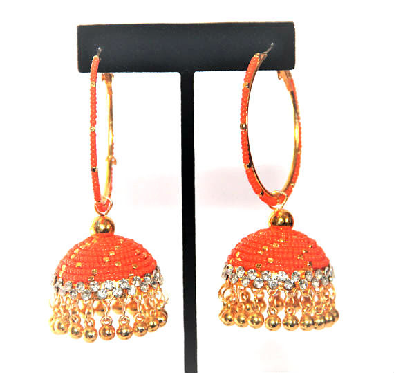 Orange & Gold Seed Beads Large Hoop Earrings Jhumkas 29809 Buy Online USA