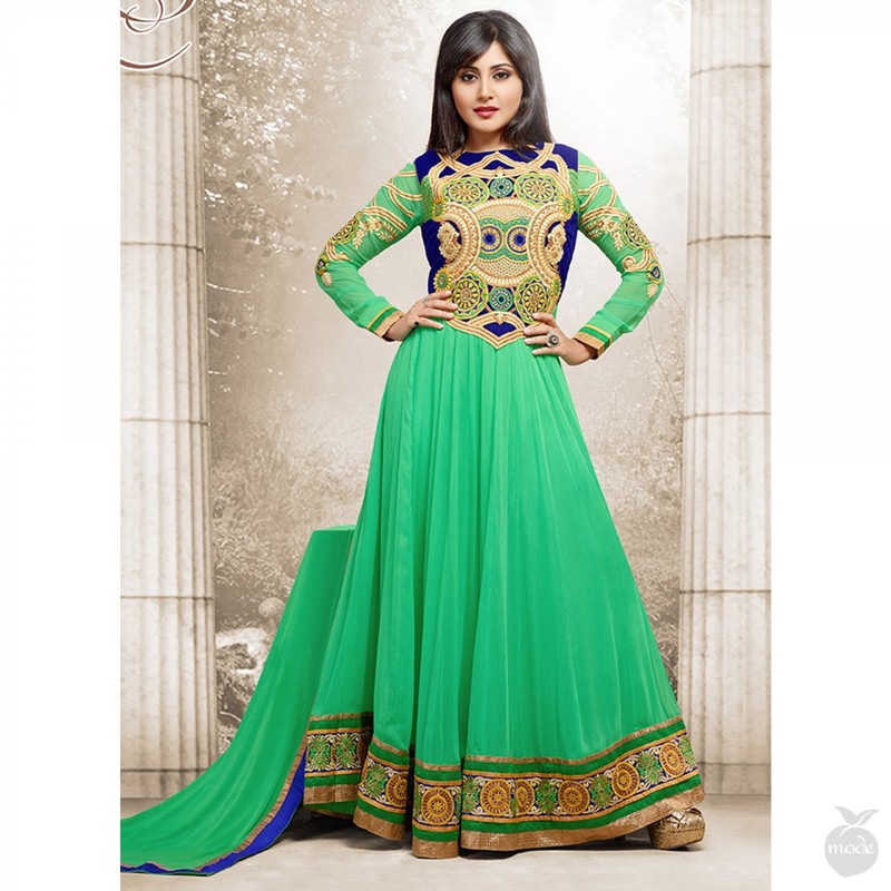 Floor Length Green Embroidered Anarkali Suit (Unstitched)