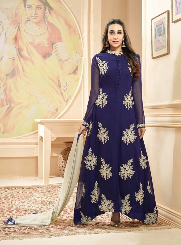Long Bollywood Designer Blue Anarkali Suit (Unstitched)