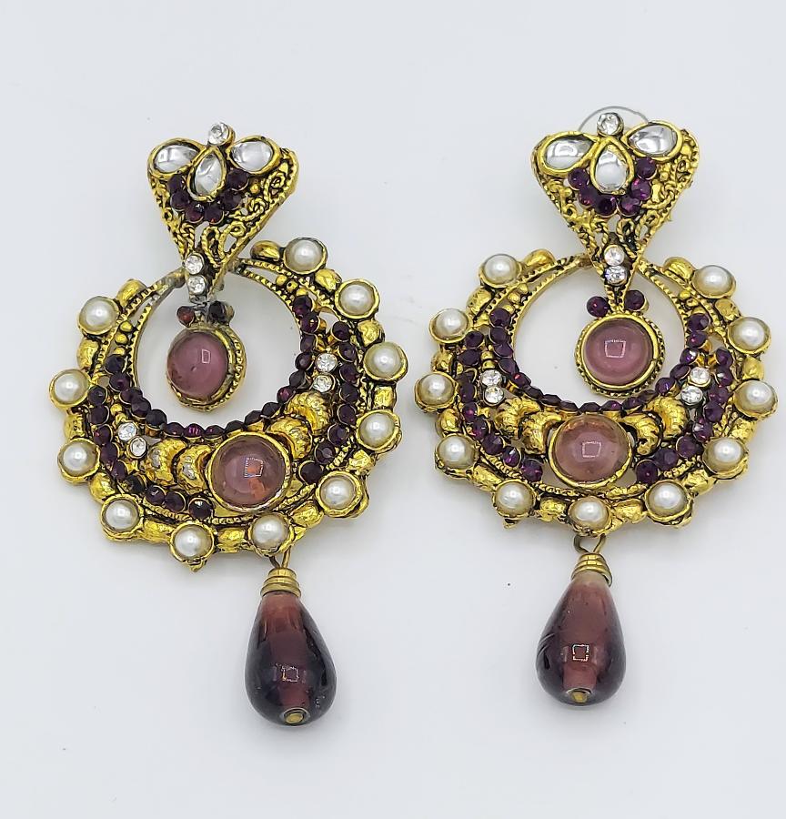 Kundan meenakari seed pearl Jhumkas with dark purple crystals/22K Gold Plat Kundan meenakari seed pearl Jhumkas with dark purple crystals/22K Gold Plat