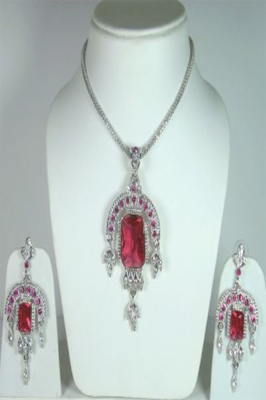 Hot Pink And Silver Color Stone Studded Pendant Set #30148 | Buy ...