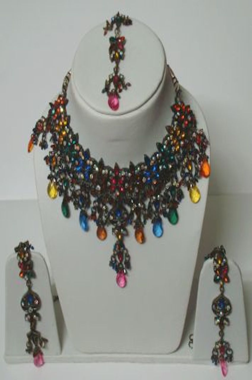 Black Color antique finish set w/ Multi color Stones Studded Pendant Set Black Color antique finish set w/ Multi color Stones Studded Pendant Set