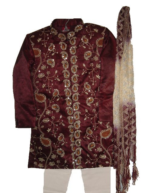 Silk Sherwani Suit For Boys In Maroon With Zardozi Work