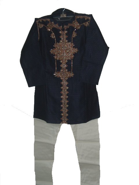 Kids Churidar Sherwani Kurta Suit In Dark Blue Jamawar