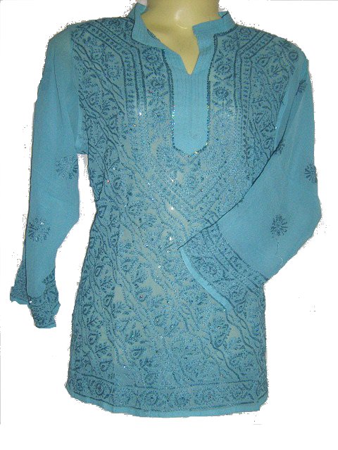 Handmade Blue Georgette Lucknowi Kurti / Tunic