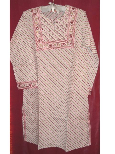 Long White Cotton Printed Indian Kurta W/ Stripes