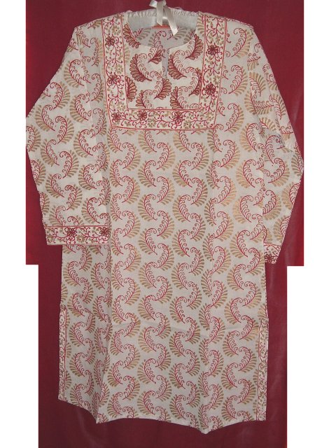 Block Print Long White Cotton Indian Kurta