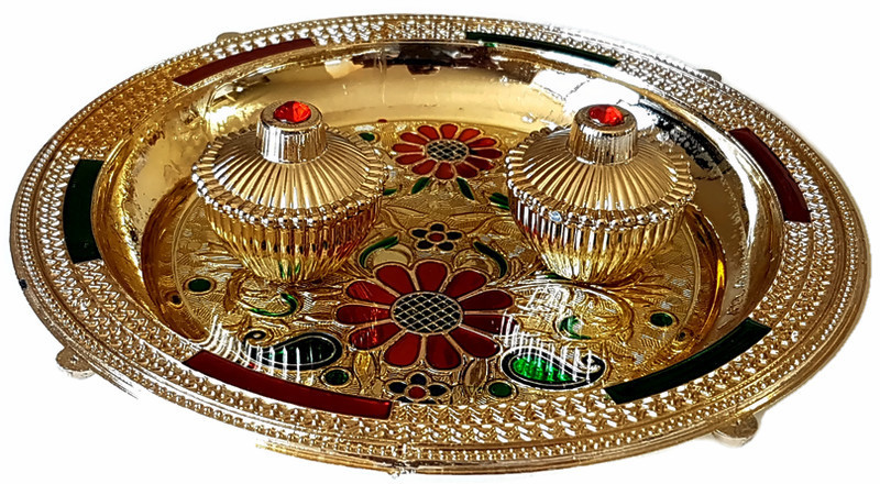 6" Fancy Golden Sindoor Kankavati in Round Plate w/ 2 Vati 6" Fancy Golden Sindoor Kankavati in Round Plate w/ 2 Vati