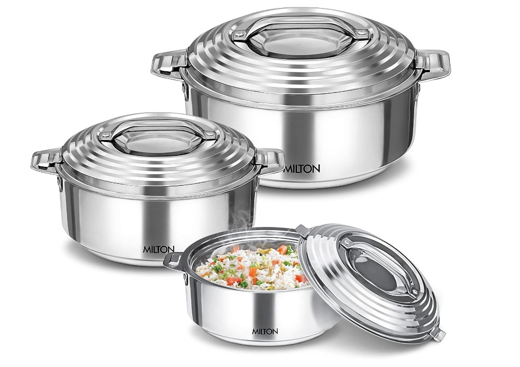 Milton Thermosteel Galaxia Insulated Casseroles, Set of 3, Silver 