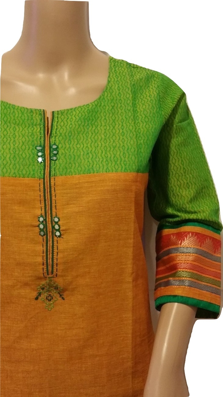 Beautiful Mustard Green Embroidery Zari Print Cotton Kurti Size 38 Beautiful Mustard Green Embroidery Zari Print Cotton Kurti Size 38