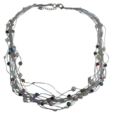Multi-Strand Silk Necklace Adorned Freshwater Pearls Crystals Multi-Strand Silk Necklace Adorned Freshwater Pearls Crystals
