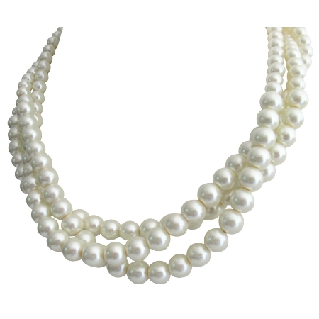 Ivory Pearl Twisted Necklace Three Strand Pearl Necklace