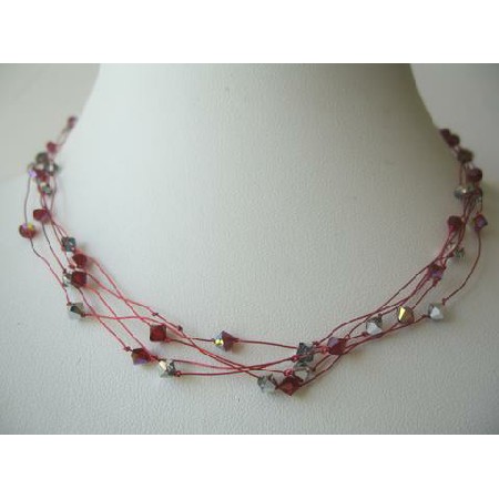 Red Synthetic Thread Nylon Elegant Multi Strand Crystal Necklace Red Synthetic Thread Nylon Elegant Multi Strand Crystal Necklace