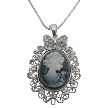 Victorian Cameo Lady Pendant Necklace Sparkling Silver Casting Frame \ Victorian Cameo Lady Pendant Necklace Sparkling Silver Casting Frame \
