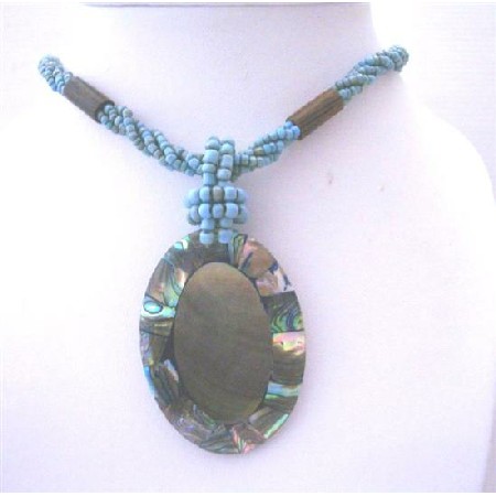 Turquoise Beaded Multi Strands Necklace w/ Abalone Shell Cream Color Turquoise Beaded Multi Strands Necklace w/ Abalone Shell Cream Color