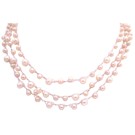 Freshwater Pearls Long Necklace 68 Inches Ivory Pink Peach Silk Thread Freshwater Pearls Long Necklace 68 Inches Ivory Pink Peach Silk Thread
