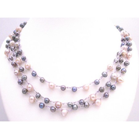 Interwoven Handmade Silk Thread Pink Grey Freshwater Pearls Necklace Interwoven Handmade Silk Thread Pink Grey Freshwater Pearls Necklace