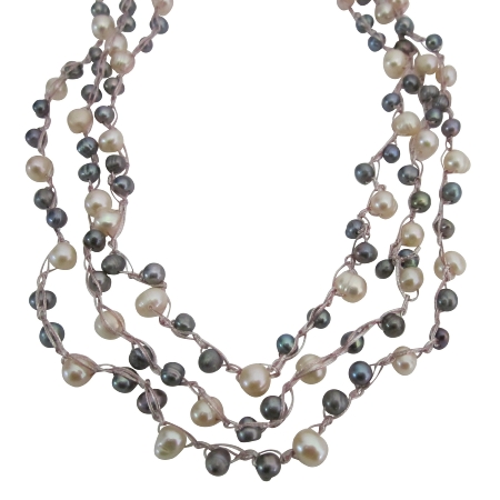 Peach Grey Natural Freshwater Pearl Long Necklace In Pink Silk String Peach Grey Natural Freshwater Pearl Long Necklace In Pink Silk String